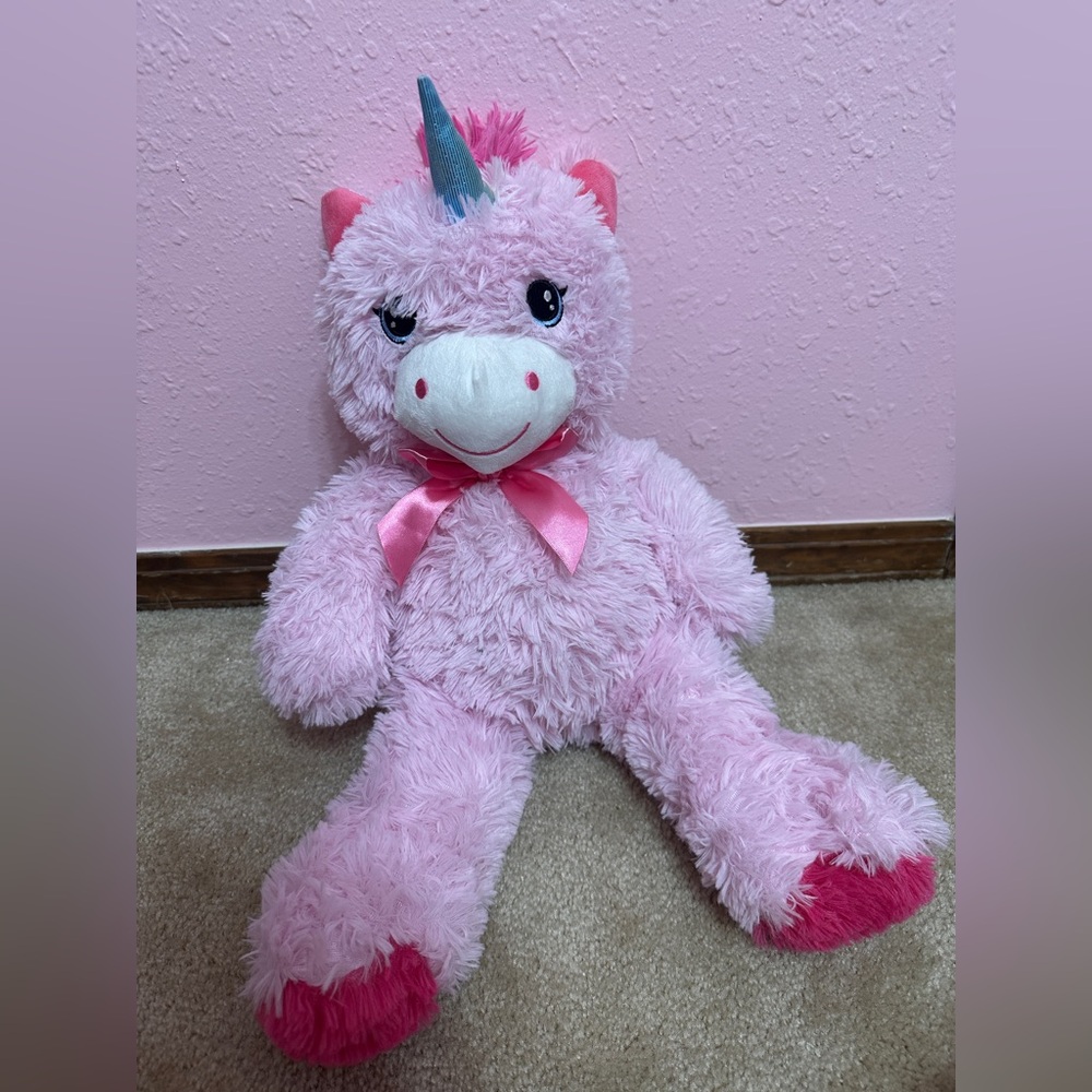 Greenbrier International Shaggy Pink Unicorn Plush Bear 18” Blue Horn